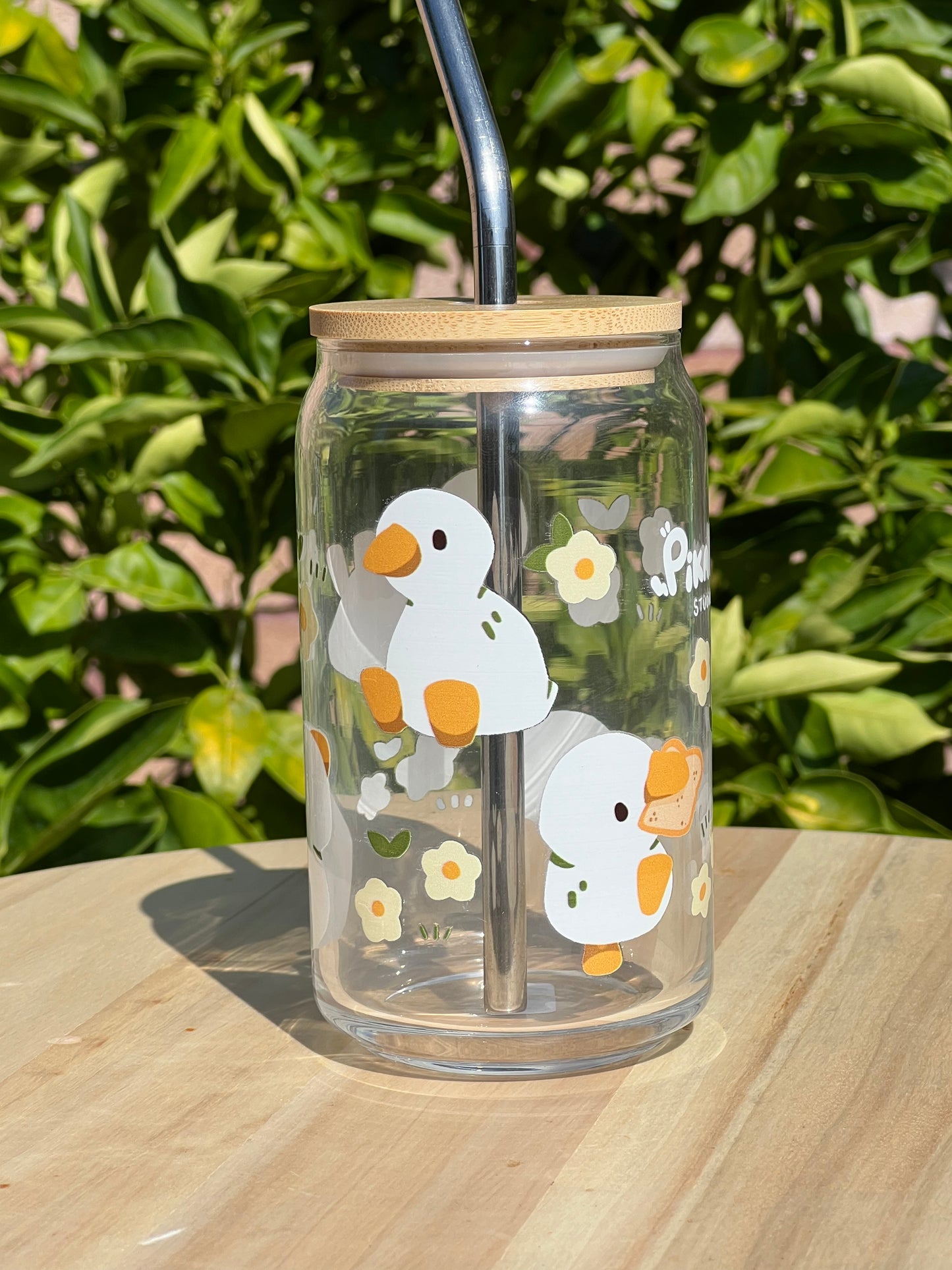 Ducks in the Meadow | Glass Cup w/ Lid & Straw