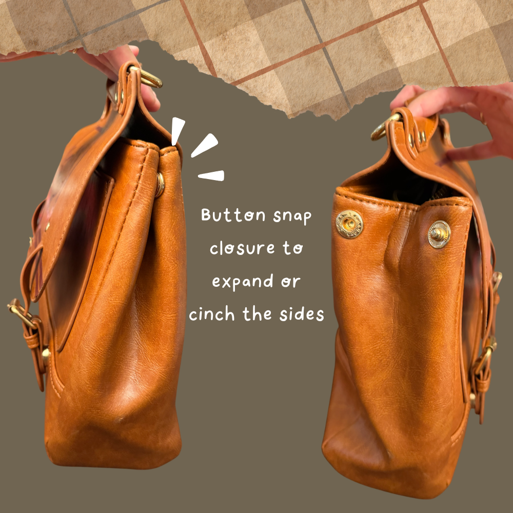 shows side of bag closures (snap button closure) to expand or cinch bag sides