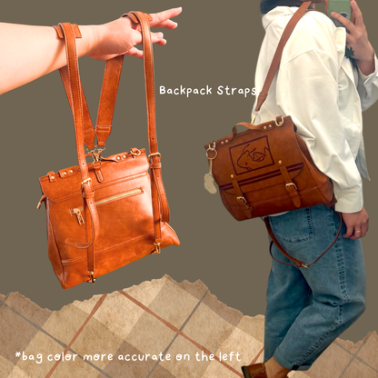 backpack straps and example of a model wearing the backpack on her back