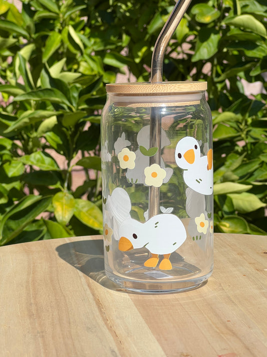 Ducks in the Meadow | Glass Cup w/ Lid & Straw