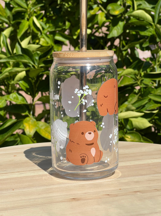 Cozy Bears | Glass Cup w/ Lid & Straw